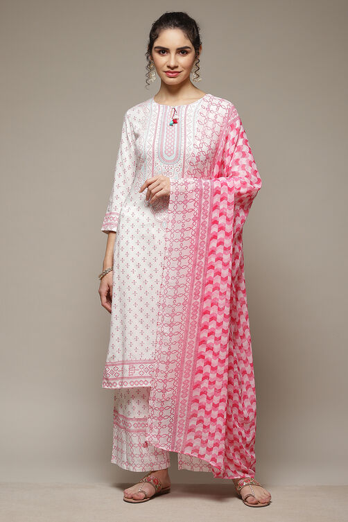 White LIVA Straight Kurta Suit Set image number 1